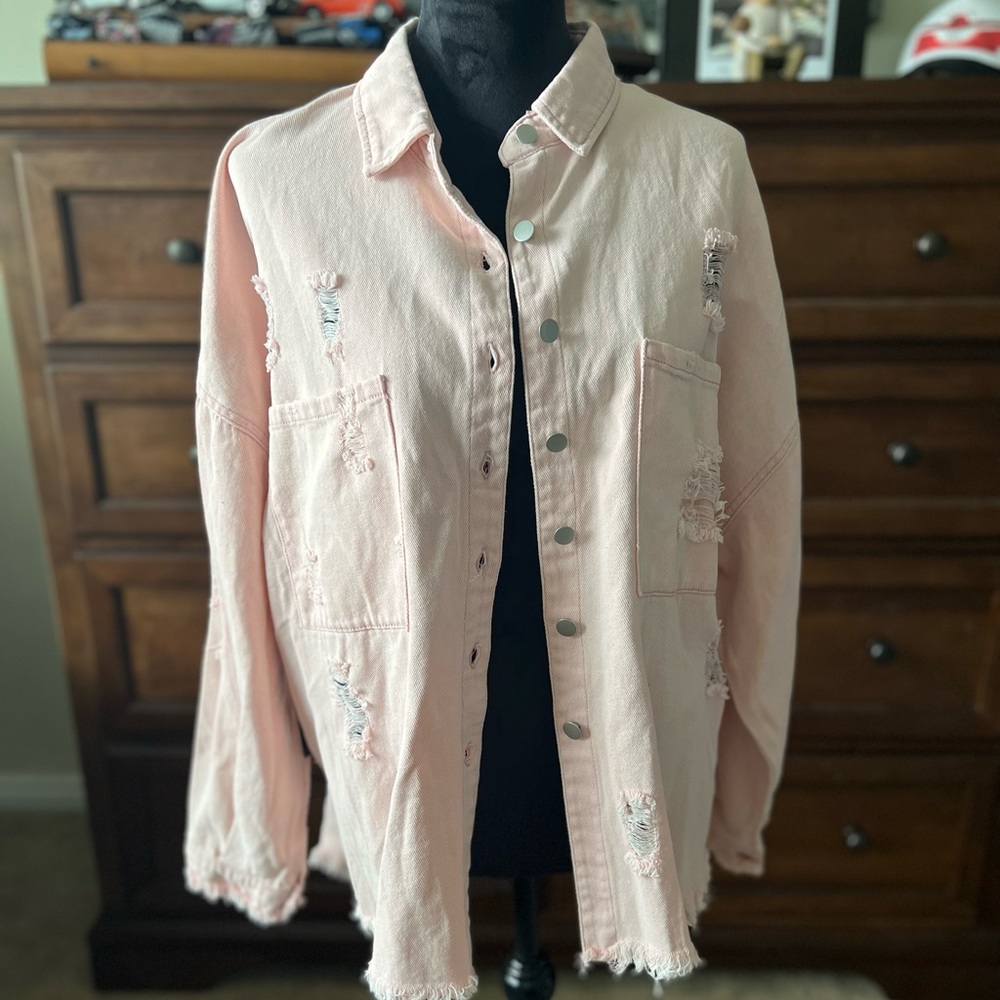 Distressed Pink Denim Jacket by POL